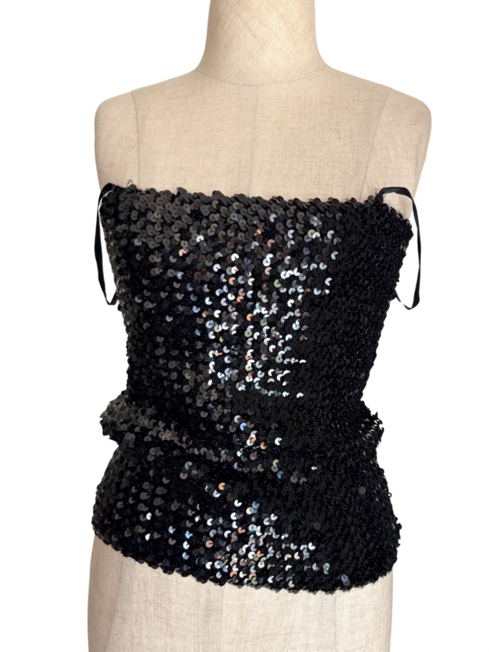 VTG 70s Y2K Black Sequin Tube Top Bandeau Strapless Disco Indie Sleaze Glam S-L